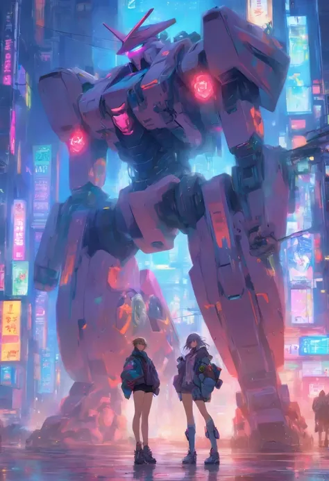 naked anime girl in short shorts and jacket standing next to giant robot, artwork in the style of guweiz, cyberpunk anime girl mech, trending on cgstation, guweiz, by Russell Dongjun Lu, digital cyberpunk anime art, ross tran 8 k, guweiz on artstation pixi...