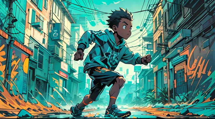 Black boy is running in the streets, blue hour, dynamic composition, radical moment, dynamic composition, panoramic view, high definition, high resolution, intricate details, cinematic lights e composition, 2d cartoon style, vector, splash ink, graffiti