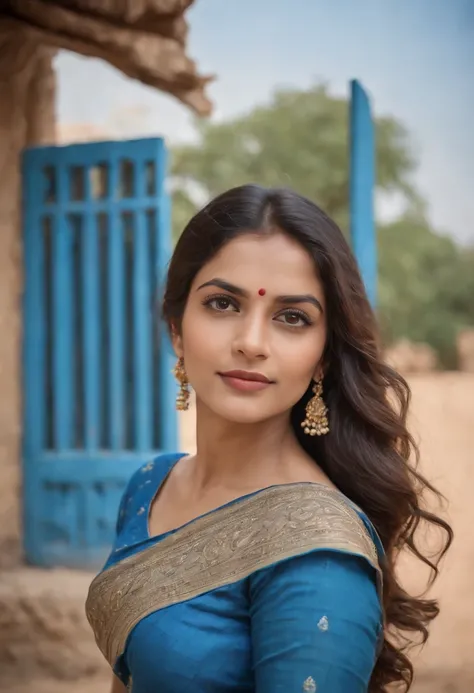 Woman in typical Indian dress, Blue gate in the background, half-length shot, Sunny day, high-quality phot