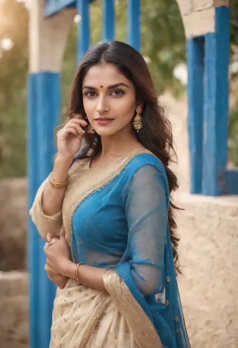 Woman in typical Indian dress, Blue gate in the background, half-length shot, Sunny day, high-quality phot