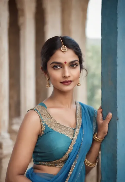 Woman in typical Indian dress, Blue gate in the background, half-length shot, Sunny day, high-quality phot