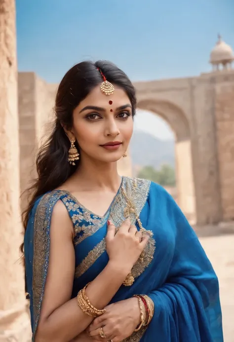 Woman in typical Indian dress, Blue gate in the background, half-length shot, Sunny day, high-quality phot