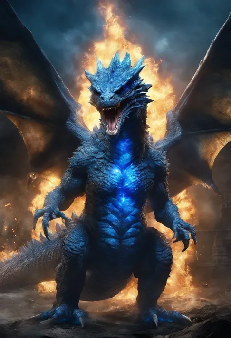 Monster, combination of Godzilla and Dragon, blue crystal in body, wings, blue flame surrounded him, surrealism, cinematic, masterpiece, particles, blue firefly