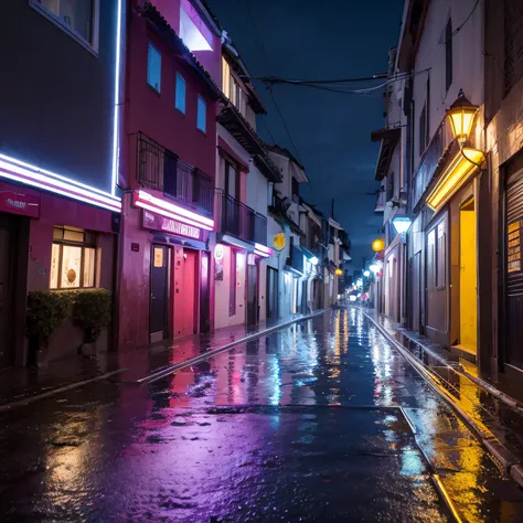 calle vacia   de noche, llueve, , poca luz  , futurista cyberpunk, luces moradas,