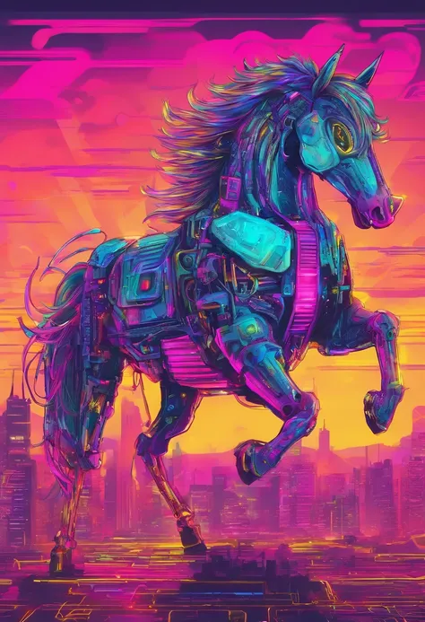 cyber punk unicorn horse, mechinery horse