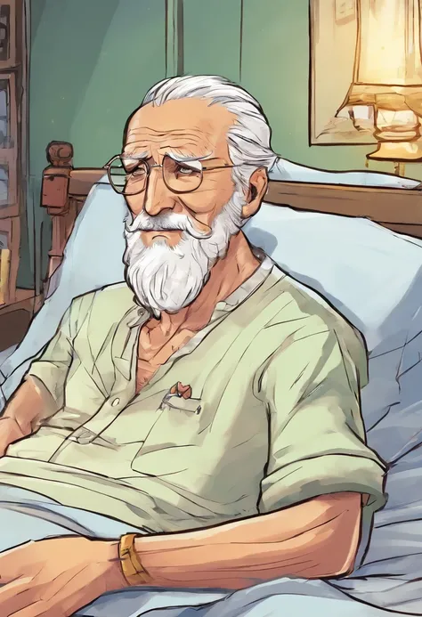 a old man，with short white hair，White beard，Lie down in bed，weak，sick，