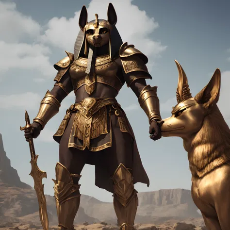 God Anubis imposing ultra details standing looking at me in armor