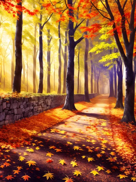 a drawing，Forest road with foliage on top, autumn forest, Very good digital art, Autumn lights, Falling magic leaves, beautiful wallpaper, beautiful digital painting, golden autumn, Background Illustration, autumn light, In the autumn forest, hyperrealisti...