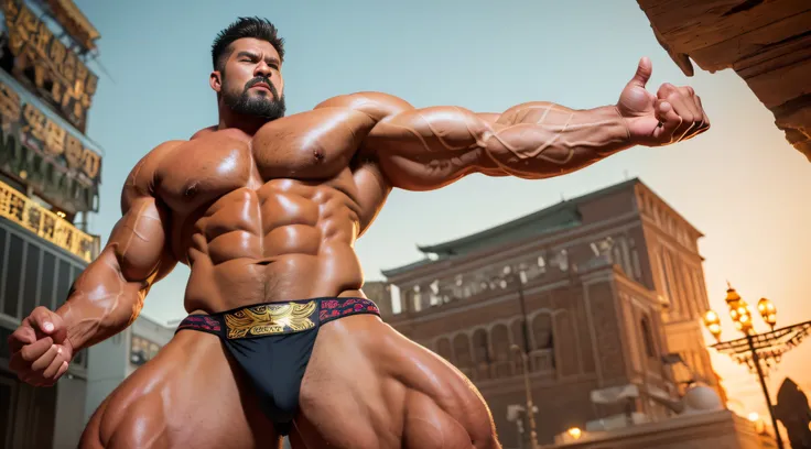 (Extremely detailed 8k wallpaper), A Chinese shaman,High detail, Dramatic ，short detailed hair，short mustache，Wear bright gold thongs，Perfect figure with tattoos, Very huge and strong body, Bulging muscles, musculous, Very large pectoral muscles，Very sexy ...