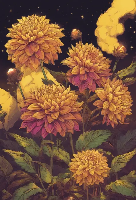 There are yellow diamond dahlia flowers with stars on the background, a glowing delicate flower, Giant Dahlia Flower Head, Luminous flowers, Close-up of giant dahlia flower head, photorealistic detailed picture, Beautiful flowers, Drawing flowers, Yellow g...