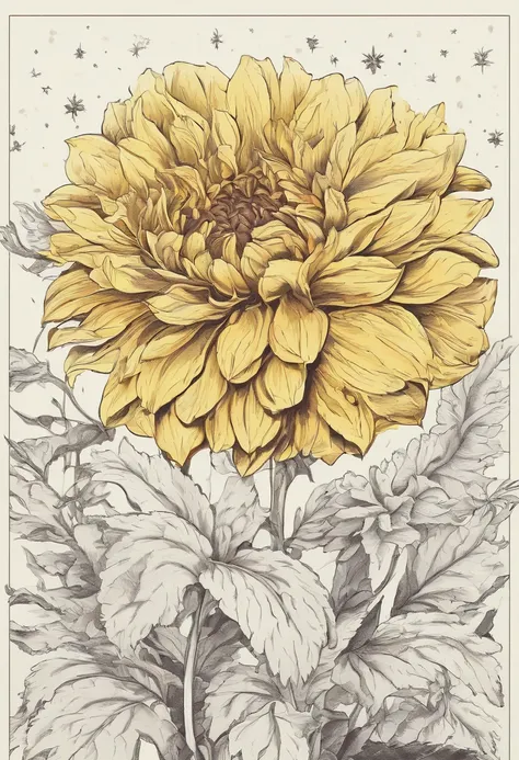 There are yellow flowers with stars in the background, a glowing delicate flower, Giant Dahlia Flower Head, Luminous flowers, Close-up of giant dahlia flower head, photorealistic detailed picture, Beautiful flowers, Drawing flowers, Yellow glowing magic, R...