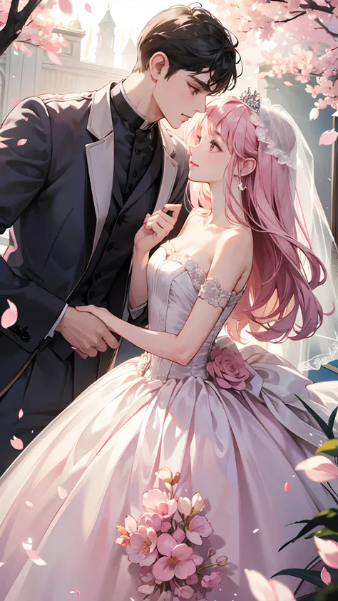 ((best quality)), ((masterpiece))  WEDDING PRINCESS DRESS, light ray, lens flare, pink petals, exotic cat, veil, crowds, family