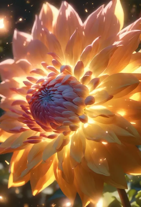 There are yellow flowers with stars in the background, a glowing delicate flower, Giant Dahlia Flower Head, Luminous flowers, Close-up of giant dahlia flower head, photorealistic detailed picture, Beautiful flowers, Drawing flowers, Yellow glowing magic, R...