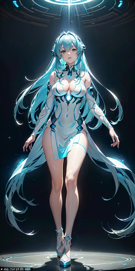 ((A highly detailed and vividly colored digital image of a young ethereally beautiful symmetrical face with long icy blue hair and eyes that reflect the galaxy., wearing an elegant futuristic dress that shines with holographic light reflections, Standing i...