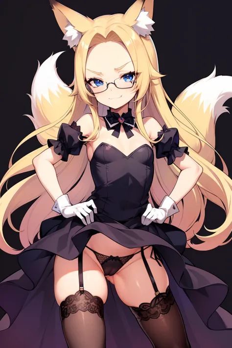 petite, cute, flat, fox girl, fox ears, fox tail, long blond hair, hair slicked back, forehead, blue eyes, smug, aroused, thick thighs, dress, black garter straps, lace-trimmed legwear and gloves, lace-trim panties, pantyshot, panties aside. pussy, glasses...