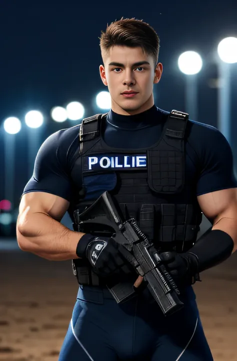 20-year-old boy	,Official	,handsome	,Blue round neck bodysuit with short sleeves camouflage	,Police Logo	,Tactical vest with weapons	,Wear navy gloves....................	, tight breasts
,Muscle Man	, ((The arm muscles are very large.....................))...