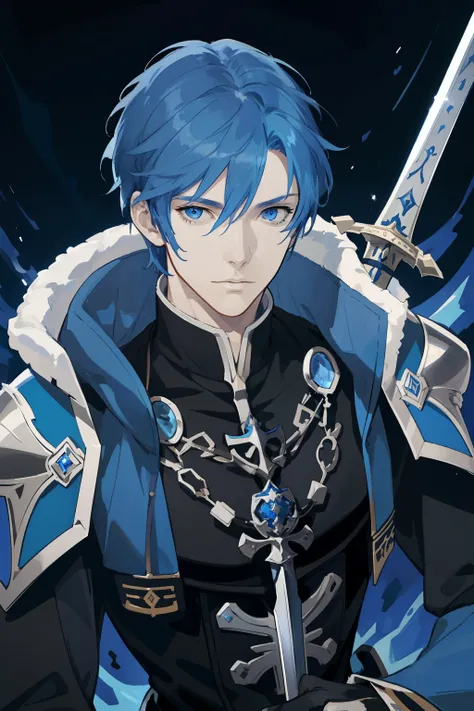 (masuter piece,Best Quality,Ultra-detailed), (A detailed face), 1male people, Imperial Knight, Blue-haired, mature man, nobles, High quality, Highly detailed, Detailed face, Sword, Blue eyes, Fire Emblem