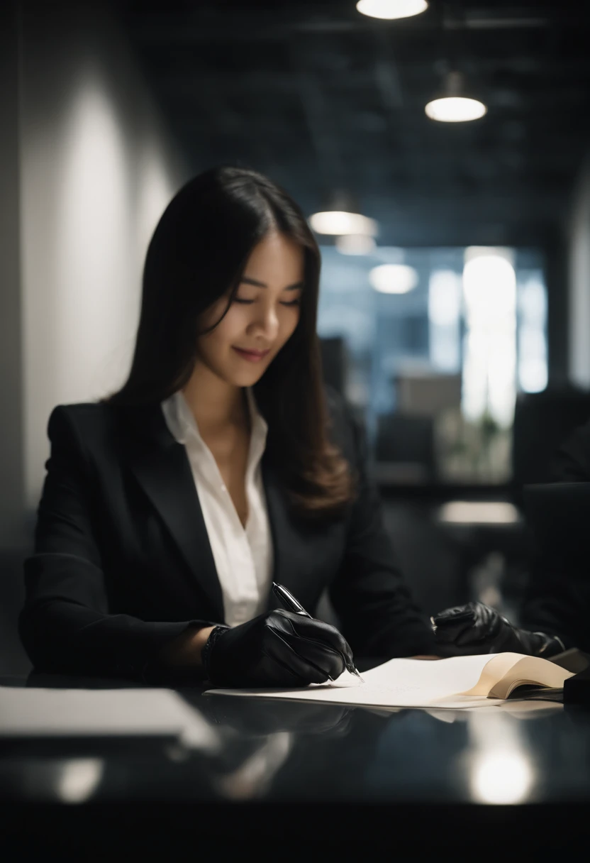 Wearing black leather gloves in both hands, upper body, black business suit, facing the desk in the modern study in the dark, looking down and smiling, writing a letter using a fountain pen, long, straight black hair, young Japanese female new employee (bl...