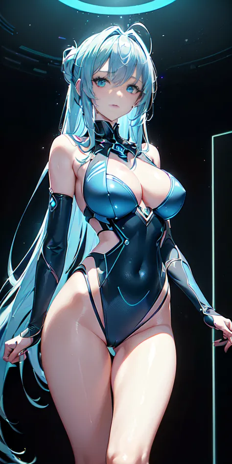 ((plano americano, (solo 1 mujer), cuerpo perfecto, A highly detailed, vividly colored digital image of a symmetrical young and ethereally beautiful face with icy blue long hair and eyes that reflect the galaxy., With an elegant futuristic dress that shine...