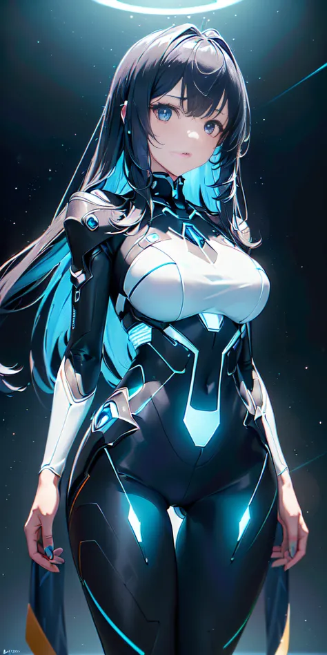 ((plano americano, (solo 1 mujer), cuerpo perfecto, A highly detailed, vividly colored digital image of a symmetrical young and ethereally beautiful face with icy blue long hair and eyes that reflect the galaxy., With an elegant futuristic dress that shine...