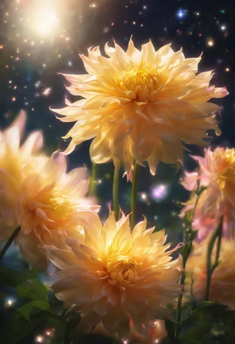 There are yellow flowers with stars in the background, a glowing delicate flower, Giant Dahlia Flower Head, Luminous flowers, Close-up of giant dahlia flower head, photorealistic detailed picture, Beautiful flowers, Drawing flowers, Yellow glowing magic, R...