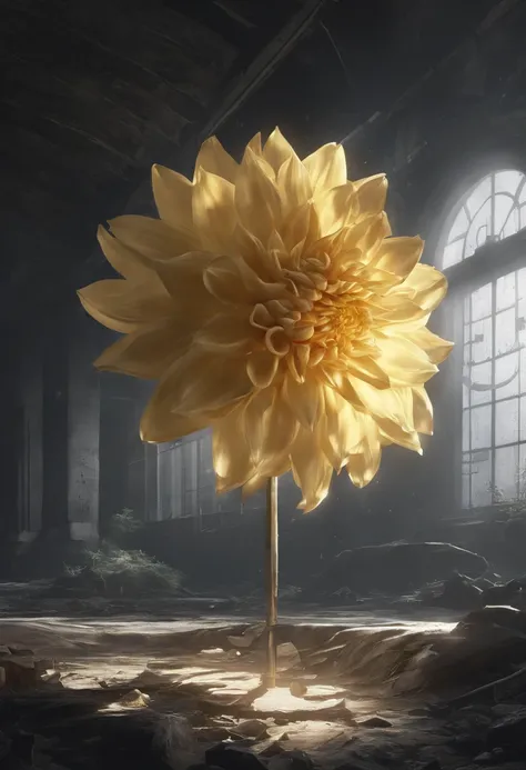 There are yellow flowers with stars in the background, a glowing delicate flower, Giant Dahlia Flower Head, Luminous flowers, Close-up of giant dahlia flower head, photorealistic detailed picture, Beautiful flowers, Drawing flowers, Yellow glowing magic, R...