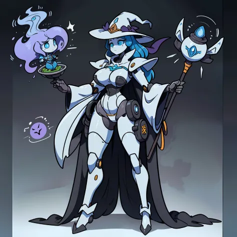 ((masterpiece)), full body, blank background, vectorized design, best quality, great design, full robot, toon, (Witchy Matriarch Mecha) With a tall, pointed hat and a cauldron-like chest, this mecha resembles a wise witch. It holds a staff with mystical sy...