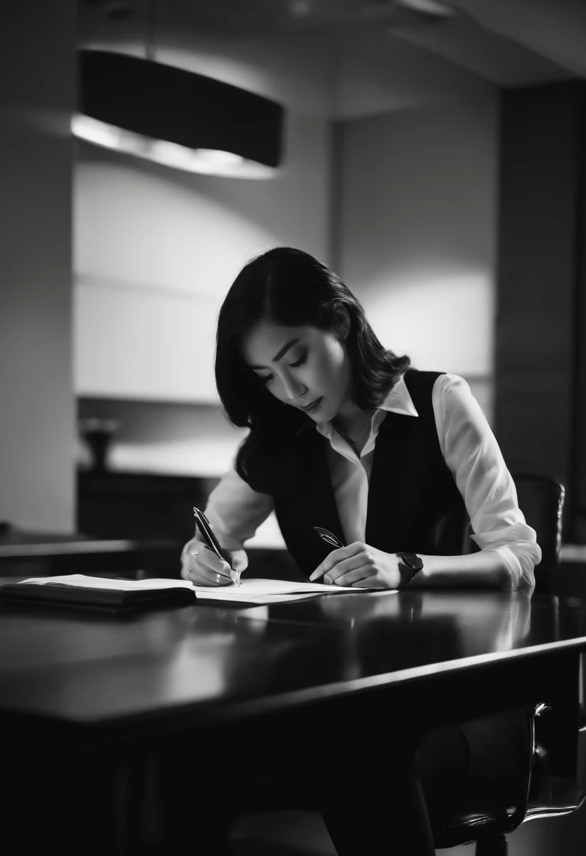 Wearing black leather gloves in both hands, upper body, black business suit, facing the desk in the modern study in the dark, looking down and smiling, writing a letter using a fountain pen, long, straight black hair, young Japanese female new employee (bl...