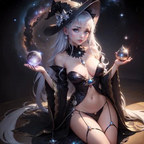 Lots of silver stars and rivers twinkling　Glitter and seductive　Glitter like a jewelry box　intergalactic　You can also see large galaxies and the Milky Way　shine　beautful view　Cute cat-eared witch girl　Sorcerer　A sexy　Black cat　Like a fortuneteller　Mysterio...