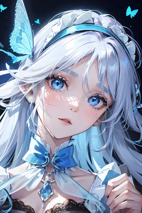 Glowing blue butterfly，misterious，blue maid outfit，Wear a lace headband，There is a gemstone necklace around the neck，The expression is gentle，Clear facial features，perfect bodies，1girll，blue color eyes，long  white hair，