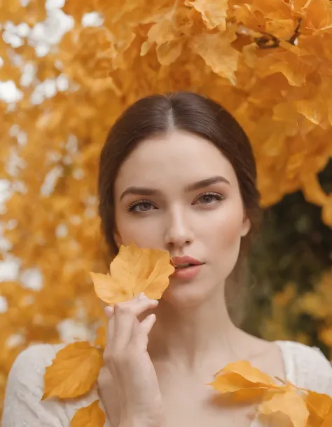 A young woman blows a kiss with orange and yellow leaves and flowers on a white background, orange, (light), in the style of a sculptural arrangement, unicorn core, photo taken with Nikon D750, Harlem Renaissance, Indonesia Art, snapshots of urban life, bo...