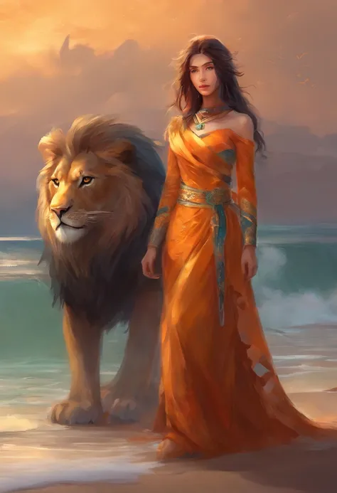 a girl on the beach wearing ninja dress with the lion as a pet