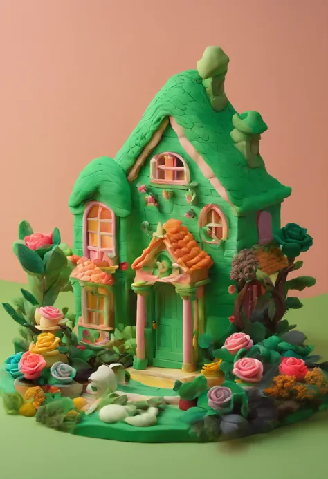 A green roses house gloria studio, the garden is full of colourful roses clay material, cartoonish design style, pop mart, soft lighting, smooth lines, tilt-shift lenses, detailed science fiction illustrations, hyper-realistic details, warm color