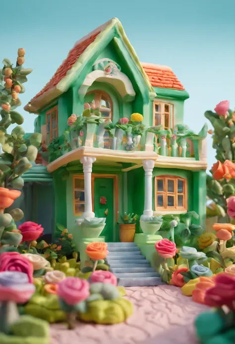 A green roses house gloria studio, the garden is full of colourful roses clay material, cartoonish design style, pop mart, soft lighting, smooth lines, tilt-shift lenses, detailed science fiction illustrations, hyper-realistic details, warm color