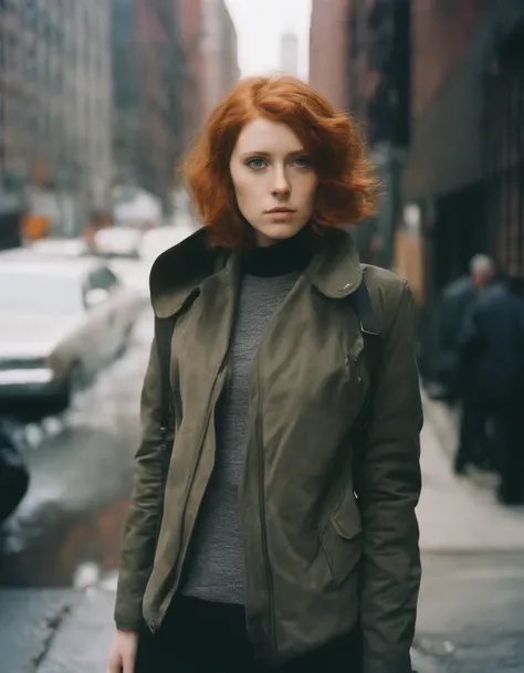 Beautiful petite young woman, 28 year old, Short ginger hair,Soft hair, Cold, (Investigative journalist:1,5), new york city, press photography, 35mm, Kodak gold 200, Depth of field, importance