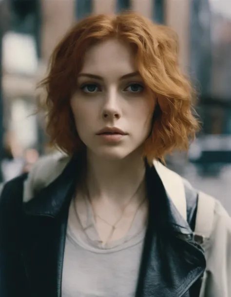 Beautiful petite young woman, 28 year old, Short ginger hair,Soft hair, Cold, (Investigative journalist:1,5), new york city, press photography, 35mm, Kodak gold 200, Depth of field, importance