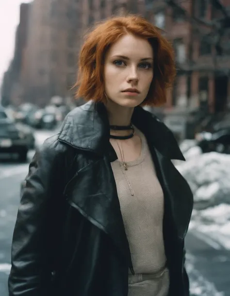 Beautiful petite young woman, 28 year old, Short ginger hair,Soft hair, Cold, (Investigative journalist:1,5), new york city, press photography, 35mm, Kodak gold 200, Depth of field, importance