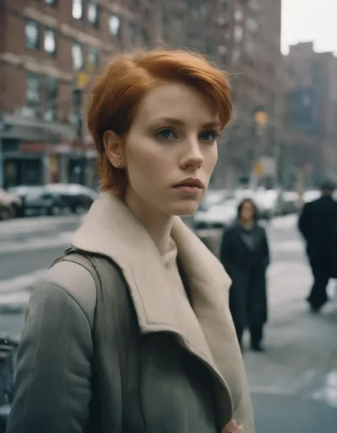 Beautiful petite young woman, 28 year old, Short ginger hair,Soft hair, Cold, (Investigative journalist:1,5), new york city, press photography, 35mm, Kodak gold 200, Depth of field, importance