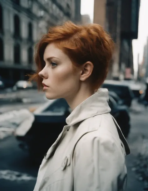 Beautiful petite young woman, 28 year old, Short ginger hair,Soft hair, Cold, (Investigative journalist:1,5), new york city, press photography, 35mm, Kodak gold 200, Depth of field, importance