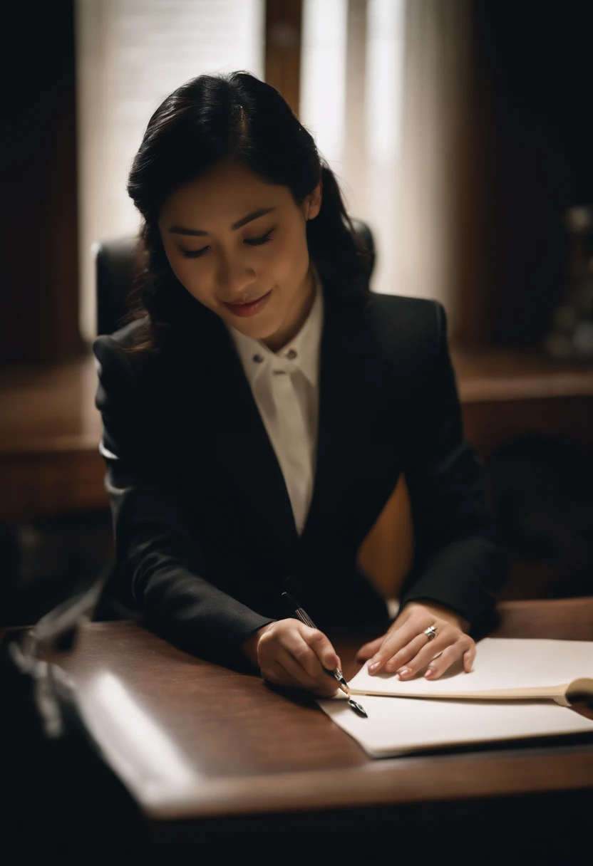 Wearing black leather gloves in both hands, upper body, black business suit, facing the desk in the modern study in the dark, looking down and smiling, writing a letter using a fountain pen, long, straight black hair, young Japanese female new employee (bl...