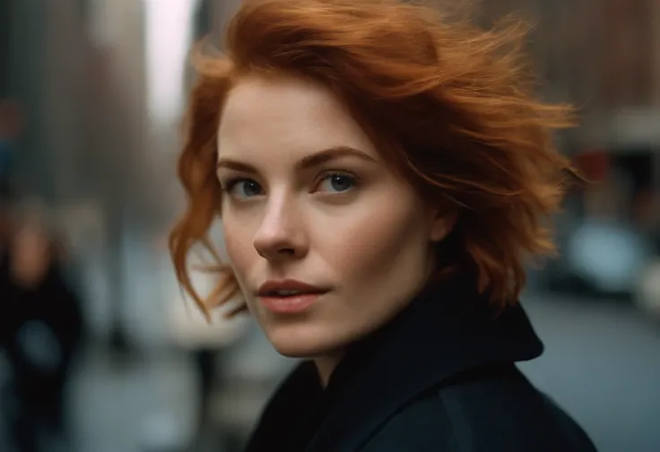 Beautiful young woman, 28 year old, Short messy hair, Ginger hair, Soft hair, Straight hair, Cold, (Investigative journalist:1,5), new york city, press photography, 35mm, Kodak gold 200, Depth of field, importance