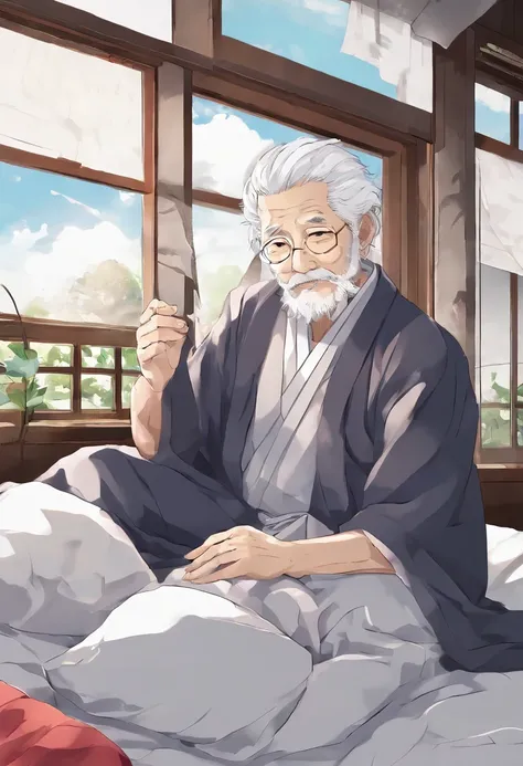 a old man，with short white hair，White beard，Lie down in bed，weak，Sick，