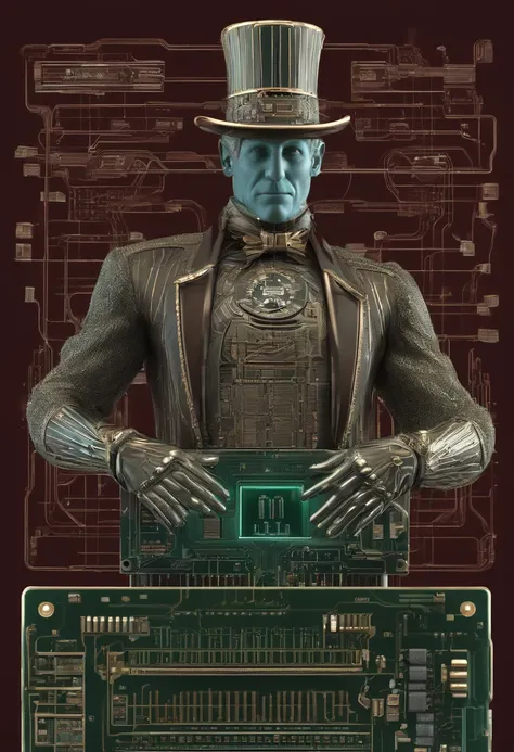 A futuristic machine circuit version of Uncle Sam, digital circuit on body , 3D, showing one hand in a finger pose to the camera, holding a dollar bill to the other hand, in a digital circuit board theme. The image should be highly detailed, hyper-realisti...