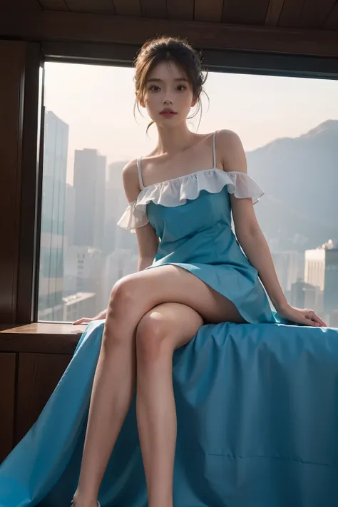 (full bodyesbian:1.5)，(1girll:1.3),(view the viewer:1.4)，(anatomy correct:1.4),(Sit on top of the hill:1.2),(Wearing a dress:1.2),(Accurate and perfect face:1.3),(Long legs:1.3),hyper HD, Ray traching, reflective light， structurally correct, Award-Awarded,...