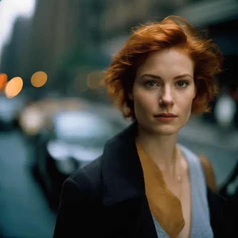 Beautiful young woman, 28 year old, Short messy hair, Ginger hair, Soft hair, Straight hair, Cold, (Investigative journalist:1,5), new york city, press photography, 35mm, Kodak gold 200, Depth of field, importance