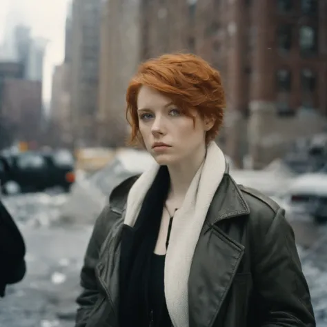 Beautiful petite young woman, 28 year old, Short ginger hair,Soft hair, Cold, (Investigative journalist:1,5), new york city, press photography, 35mm, Kodak gold 200, Depth of field, importance