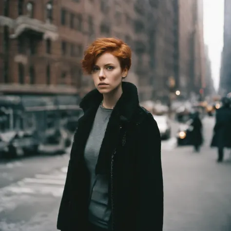 Beautiful petite young woman, 28 year old, Short ginger hair,Soft hair, Cold, (Investigative journalist:1,5), new york city, press photography, 35mm, Kodak gold 200, Depth of field, importance