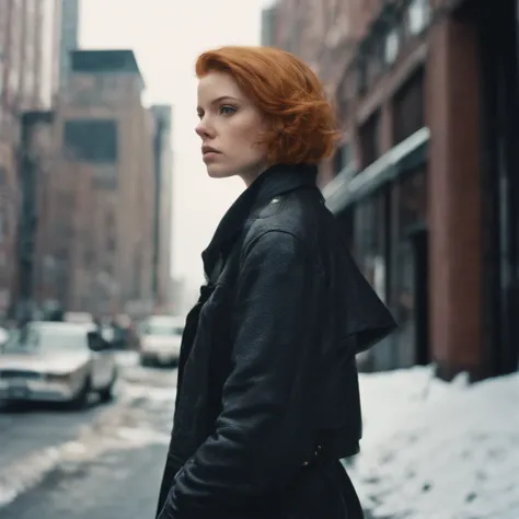 Beautiful petite young woman, 28 year old, Short ginger hair,Soft hair, Cold, (Investigative journalist:1,5), new york city, press photography, 35mm, Kodak gold 200, Depth of field, importance