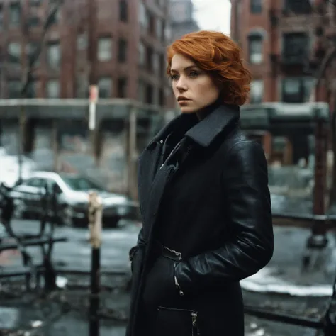 Beautiful petite young woman, 28 year old, Short ginger hair,Soft hair, Cold, (Investigative journalist:1,5), new york city, press photography, 35mm, Kodak gold 200, Depth of field, importance