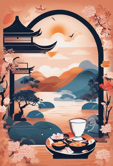 Peaceful atmosphere in the moonlight. Chinese style illustration，It depicts the festive atmosphere of the Mid-Autumn Festival，Mooncakes are delicate and delicate, Showcase its unique patterns and flavors. The landscape is decorated with traditional Chinese...